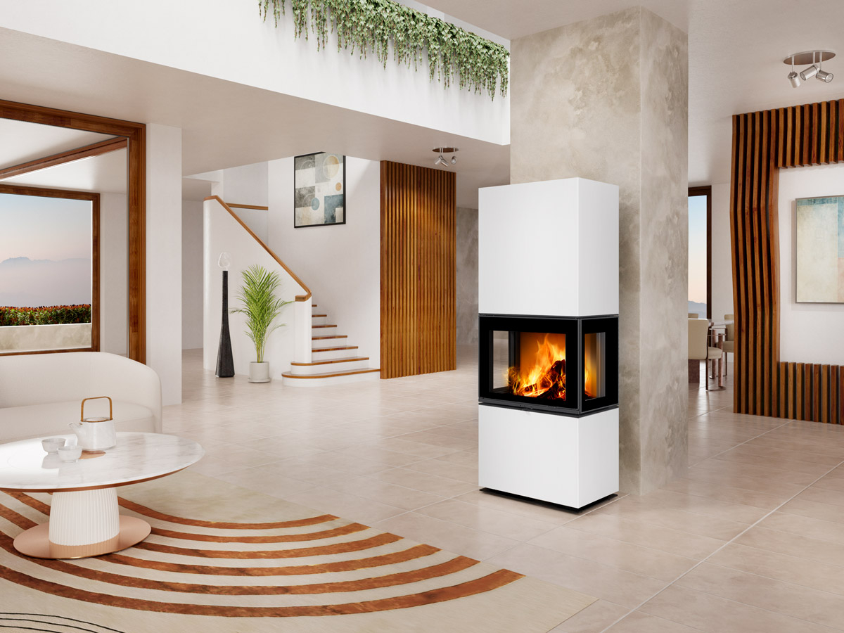 Romotop Lera C GH vysoké dizajnové trojstanné krbové kachle s keramickým obkladom moderné